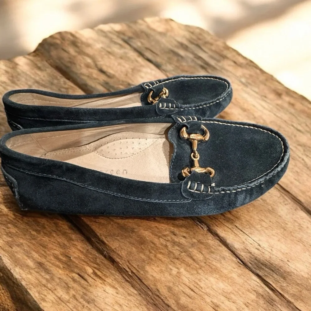 Patricia Green Blue Suede Loafers with Gold horsebit Accent 39